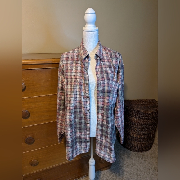 Upcycled Distressed Bleached Plaid Flannel Button Down Shirt Women’s Large - Picture 5 of 12